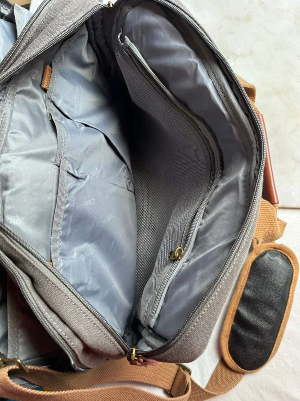 Coolbell Canvas Messenger Laptop Bag in Gray with Tan Accents